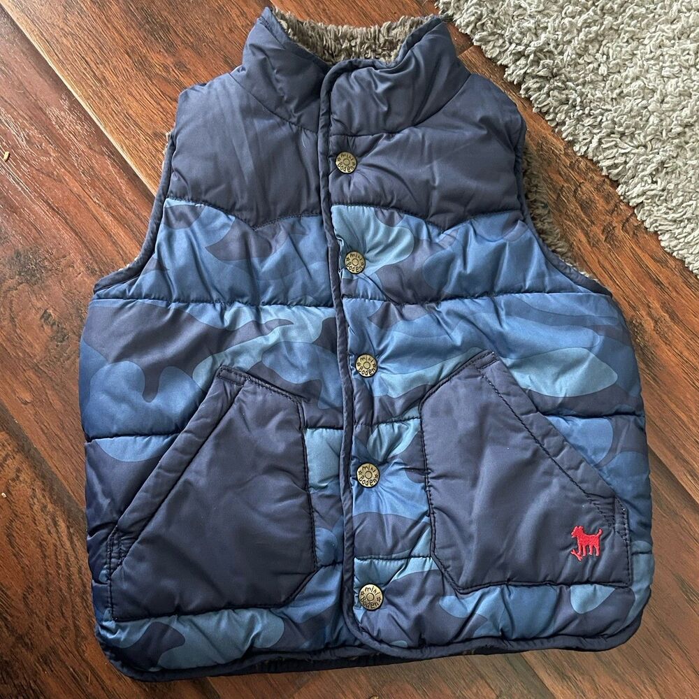 Mini Boden Blue Camouflage Puffer Hoodie Vest 3/4Y